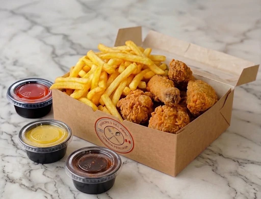Pollo broaster con papas fritas y salsas 